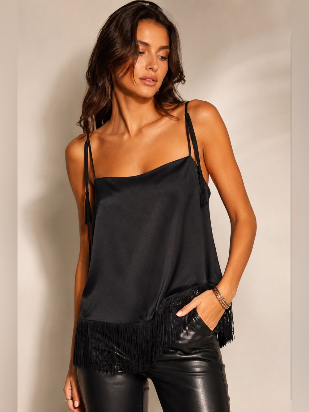 Rachel Zoe Black Satin Fringe Cami Tank Top NWT Large